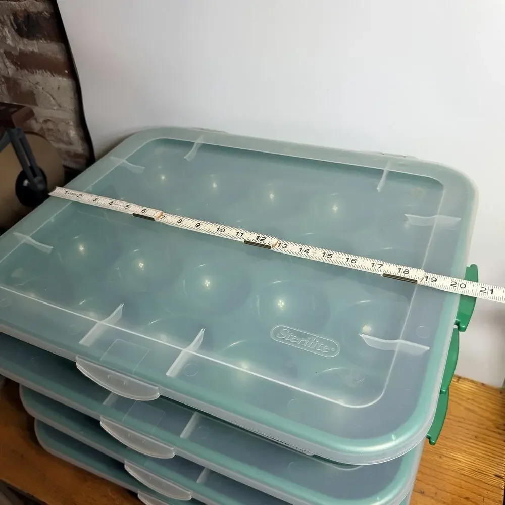 2 Green Sterilite Ornament Storage Box Case 20 Piece Hinged Lid Snap Closure 20